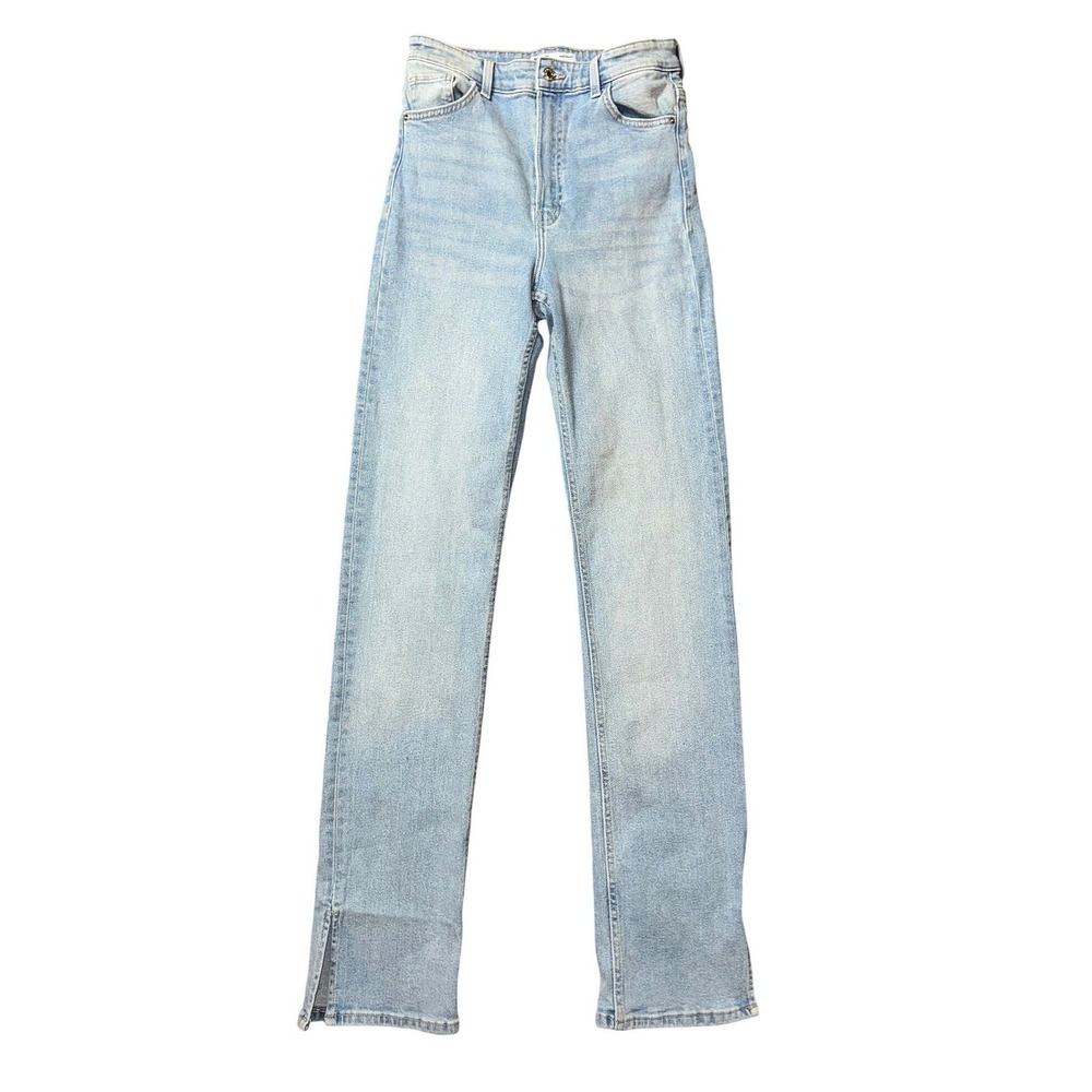 Bershka Womens High Waist Straight Leg Light Wash Blue Jeans Side Slit Size 8 40